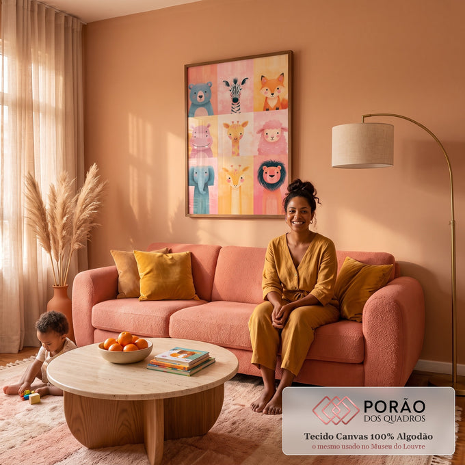 Nove animais fofos ilustrados em grade com fundo rosa e amarelo pastel, quadro decorativo