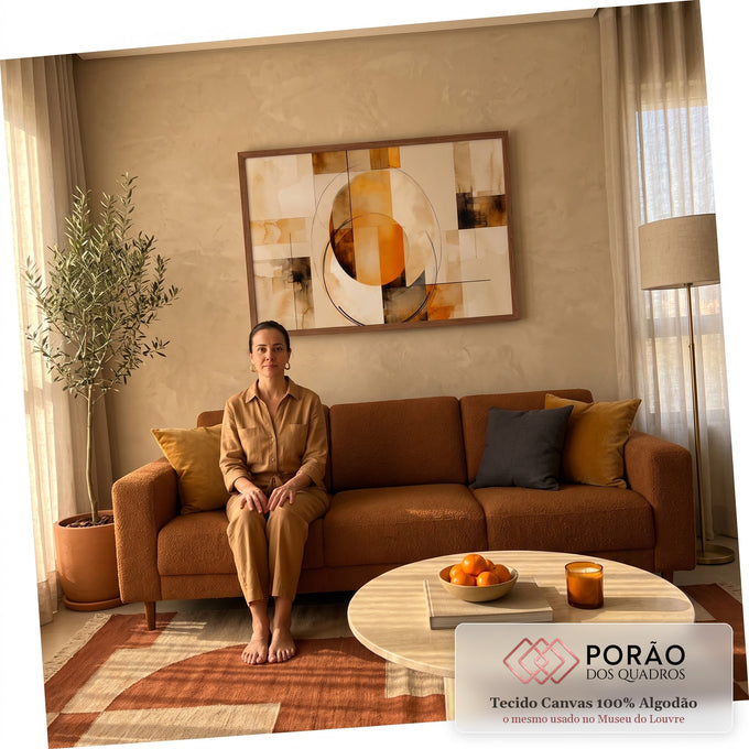 Quadro Decorativo Grande Abstrato Geometrico para Sala | quadros decorativos para sala de estar | círculos sobrepostos em laranja e bege com blocos geométricos em aquarela | em ambiente 3 | Porao dos Quadros