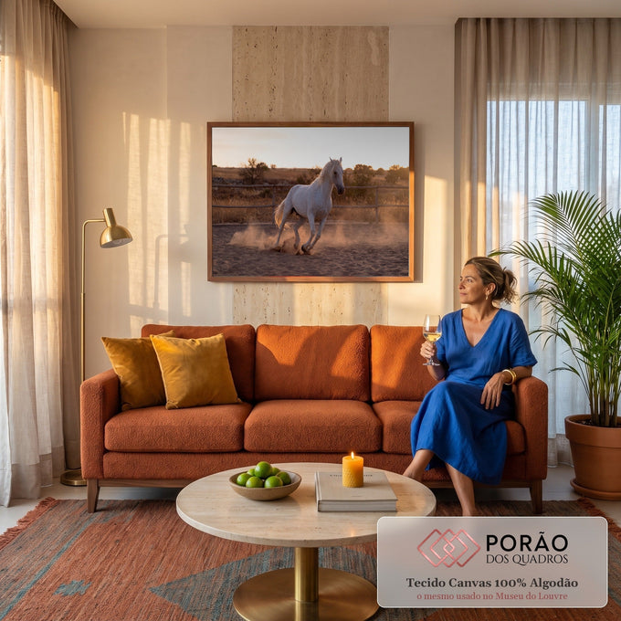 Cavalo branco galopando em picadeiro de areia, com poeira dourada ao pôr do sol, quadro decorativo