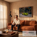 Porsche 911 verde limão com aerofólio estacionado em rua urbana de Hong Kong com grafites, quadro decorativo