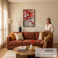 Quadro Decorativo Árvore Vermelha com Pássaros em Textura | quadros decorativos para sala de estar | árvore florida vermelha e laranja em textura com dois pássaros pousados nos galhos | em ambiente 3 | Porao dos Quadros