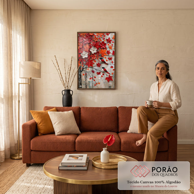 Quadro Decorativo Árvore Vermelha com Pássaros em Textura | quadros decorativos para sala de estar | árvore florida vermelha e laranja em textura com dois pássaros pousados nos galhos | em ambiente 3 | Porao dos Quadros