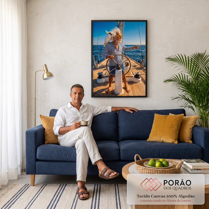 Quadro Decorativo Grande Marinheiro e Cacatua para Sala Azul | quadros decorativos para sala de estar | homem idoso de óculos amarelos no leme de um veleiro com cacatua no ombro | em ambiente 3 | Porao dos Quadros