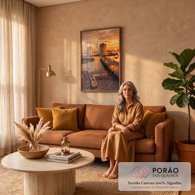 Moinhos gregos, píer com lanternas e violão na praia ao pôr do sol laranja, quadro decorativo