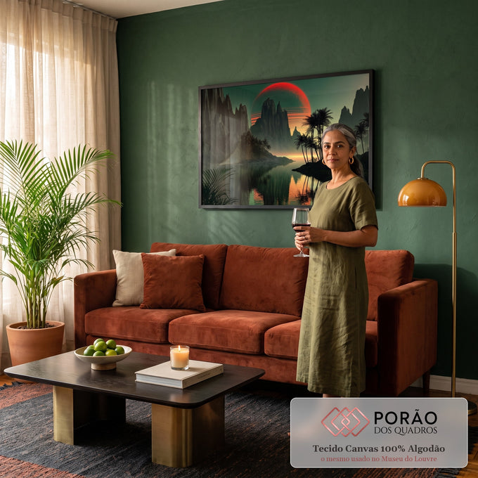 Quadro Decorativo Grande Sol Vermelho para Sala Verde | quadros decorativos para sala de estar | sol vermelho listrado atrás de montanhas escuras com palmeiras e lago refletido em tons verdes | em ambiente 3 | Porao dos Quadros
