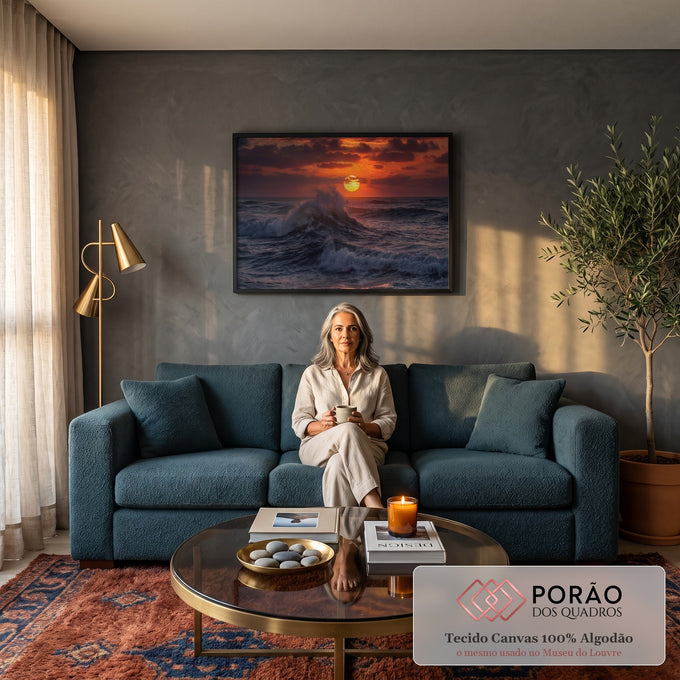 Quadro Decorativo Grande Pôr do Sol Mar para Sala | quadros decorativos para sala de estar | onda quebrando em espuma branca contra pôr do sol alaranjado no oceano | em ambiente 3 | Porao dos Quadros