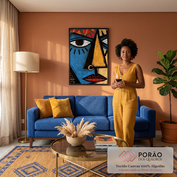 Quadro Decorativo Máscara Tribal Azul e Dourada | quadros decorativos para sala de estar | rosto estilizado tribal dividido em azul e dourado com olhos grandes e boca vermelha | em ambiente 3 | Porao dos Quadros