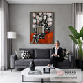 Figura arlequim com relógio, cabeças de manequim de lábios vermelhos e poltrona laranja, quadro decorativo