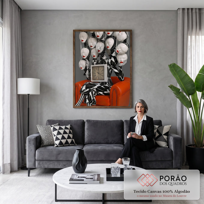 Figura arlequim com relógio, cabeças de manequim de lábios vermelhos e poltrona laranja, quadro decorativo