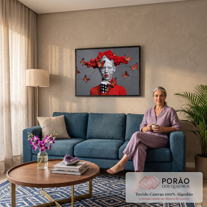 Mulher com rosto envolto em fios, lábios vermelhos, pompons e borboletas monarca sobre fundo cinza, quadro decorativo