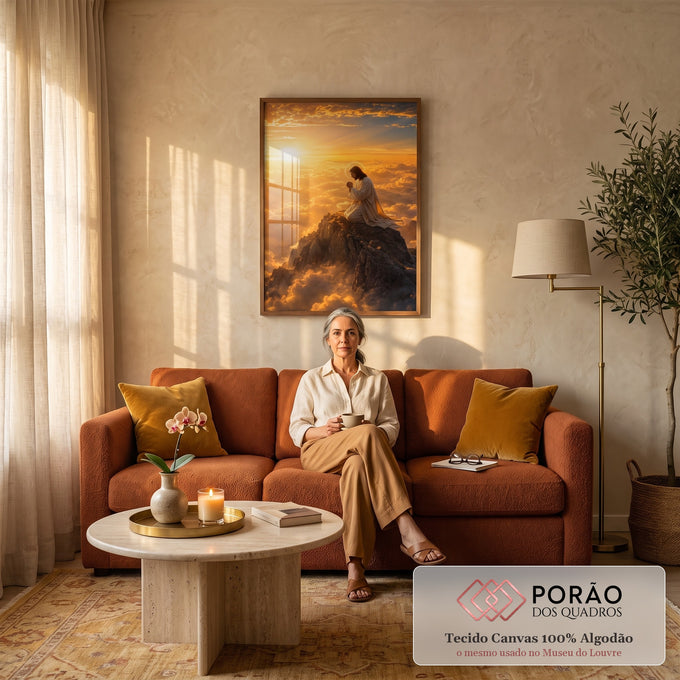 Quadro Decorativo Grande Jesus em Oração Dourado para Sala | quadros decorativos para sala de estar | Jesus ajoelhado em oração no topo de uma montanha sobre mar de nuvens douradas | em ambiente 3 | Porao dos Quadros