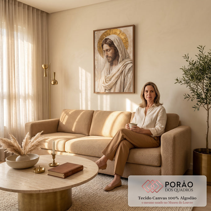 Quadro Decorativo Grande Jesus Cristo Bege para Sala | quadros decorativos para sala de estar | retrato de Jesus Cristo em aquarela com manto branco e halo dourado | em ambiente 3 | Porao dos Quadros