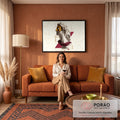 Busto grego de Apolo com máscara dourada, manto vinho, coluna e constelações em fundo bege, quadro decorativo