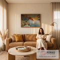 Árvore de frutos vermelhos sobre rochedo à beira-mar com pôr do sol laranja e montanhas, quadro decorativo