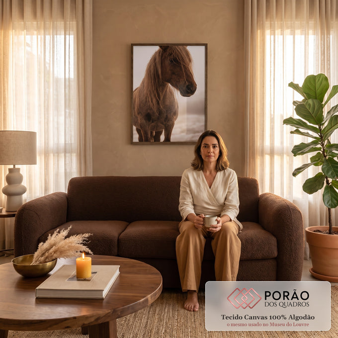 Fotografia de cavalo castanho de crina longa olhando de lado sobre fundo claro de neve, quadro decorativo
