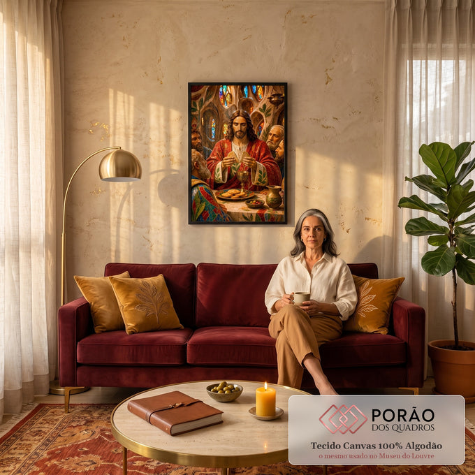 Quadro Decorativo Grande Última Ceia para Sala Vermelho | quadros decorativos para sala de estar | Jesus partindo o pão em mosaico colorido com vitrais ao fundo | em ambiente 3 | Porao dos Quadros