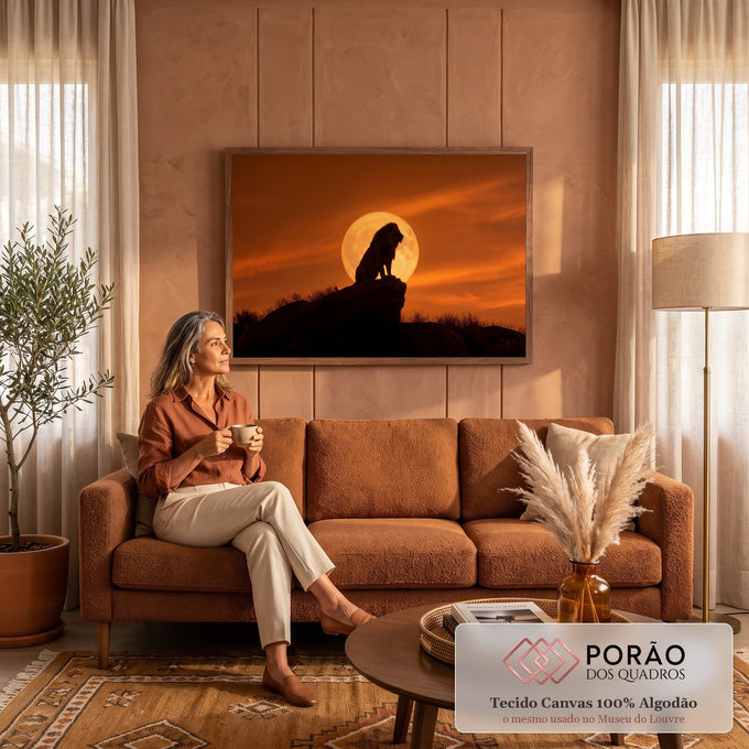 Quadro Decorativo Grande Leão em Silhueta Laranja para Sala | quadros decorativos para sala de estar | leão em silhueta sentado sobre rocha com lua cheia e céu laranja ao fundo | em ambiente 3 | Porao dos Quadros