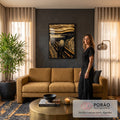 Quadro Decorativo Grande Grito de Munch para Sala Dourado | quadros decorativos para sala de estar | figura gritando sobre ponte com céu ondulado em tons dourados e pretos | em ambiente 3 | Porao dos Quadros