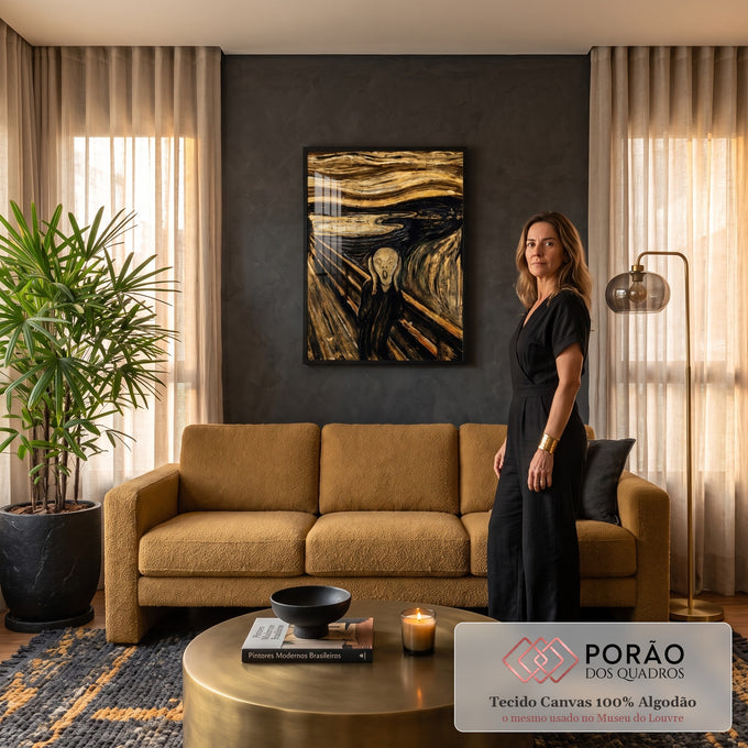 Quadro Decorativo Grande Grito de Munch para Sala Dourado | quadros decorativos para sala de estar | figura gritando sobre ponte com céu ondulado em tons dourados e pretos | em ambiente 3 | Porao dos Quadros