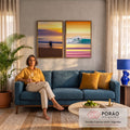 Quadro Decorativo Kit 2 Telas Surfista e Prancha para Sala | quadros decorativos para sala de estar | surfista em silhueta na praia e surfista cortando onda sob céu de pôr do sol | em ambiente 3 | Porao dos Quadros