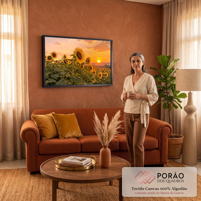 Campo de girassóis em primeiro plano com sol se pondo no horizonte e céu laranja, quadro decorativo