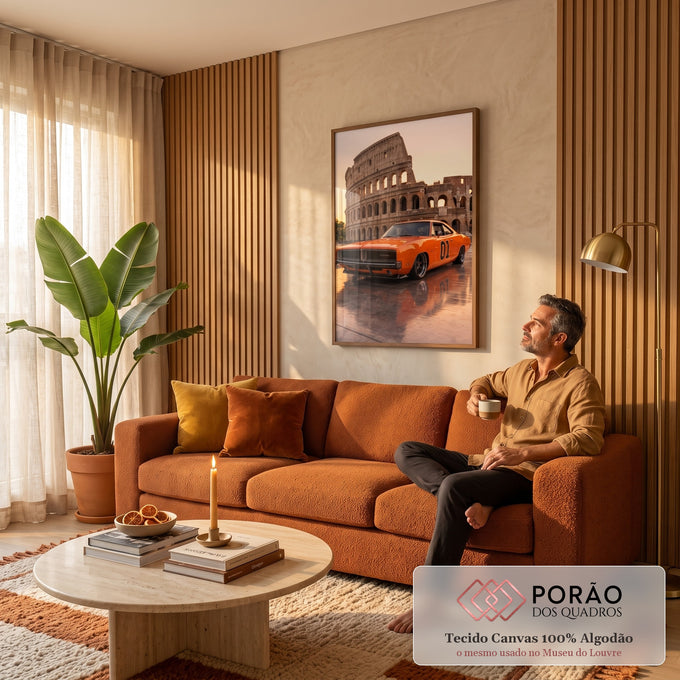 Charger laranja clássico com número 01 diante do Coliseu de Roma ao pôr do sol, quadro decorativo