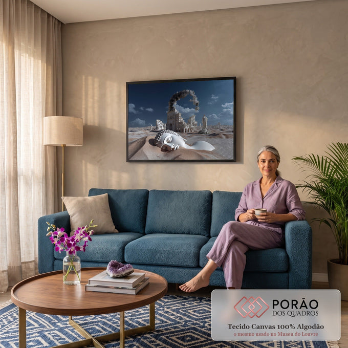 Cabeça de Buda branca deitada nas dunas do deserto com ruínas clássicas e estátuas ao fundo, quadro decorativo