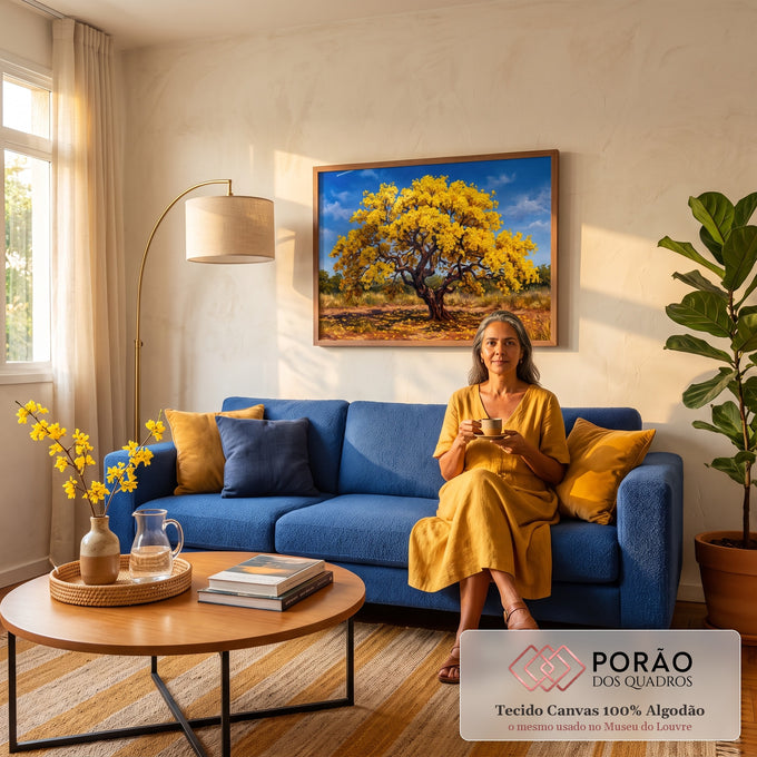 Quadro Decorativo Grande Árvore de Folhas para Sala Amarelo | quadros decorativos para sala de estar | árvore de copa amarela e dourada com tronco retorcido sob céu azul | em ambiente 3 | Porao dos Quadros