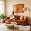 Quadro Decorativo Grande Varanda com Flores para Sala | quadros decorativos para sala de estar | janela branca e varanda com grade de ferro e flores sobre parede laranja vibrante | em ambiente 3 | Porao dos Quadros