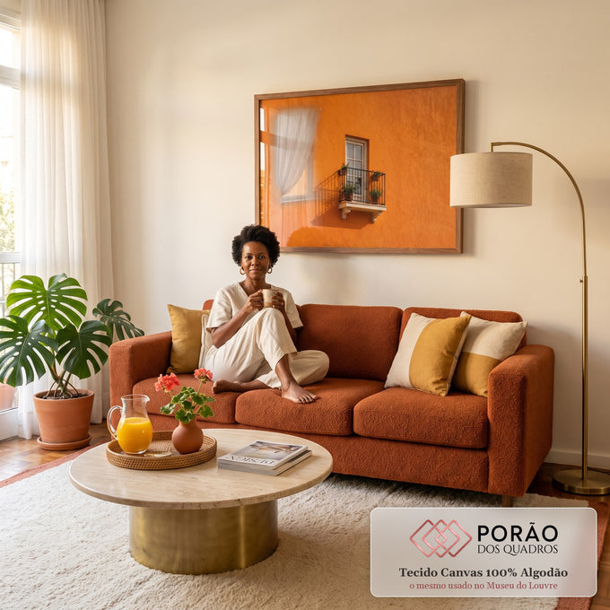 Quadro Decorativo Grande Varanda com Flores para Sala | quadros decorativos para sala de estar | janela branca e varanda com grade de ferro e flores sobre parede laranja vibrante | em ambiente 3 | Porao dos Quadros