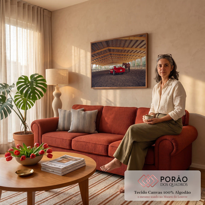 Ferrari clássica vermelha ao lado de cavalo marrom em picadeiro coberto de haras, quadro decorativo