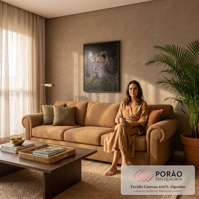 Quadro Decorativo Grande Filhote de Leão para Sala Marrom | quadros decorativos para sala de estar | filhote de leão espreitando entre a vegetação com olhar atento e fundo escuro | em ambiente 3 | Porao dos Quadros