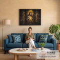 Quadro Decorativo Grande Sagrado Coração Manto para Sala | quadros decorativos para sala de estar | Jesus Cristo apontando para coração sagrado dourado em fundo preto estilo grafite | em ambiente 3 | Porao dos Quadros