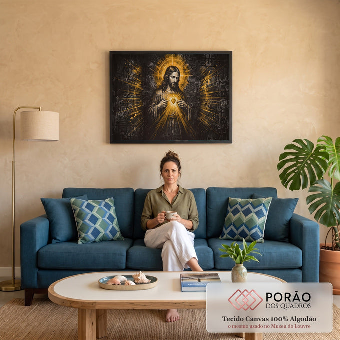 Quadro Decorativo Grande Sagrado Coração Manto para Sala | quadros decorativos para sala de estar | Jesus Cristo apontando para coração sagrado dourado em fundo preto estilo grafite | em ambiente 3 | Porao dos Quadros