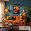 Quadro Decorativo Grande Sol Gigante para Sala Laranja | quadros decorativos para sala de estar | sol laranja gigante entre palmeiras em silhueta numa praia ao entardecer | em ambiente 3 | Porao dos Quadros