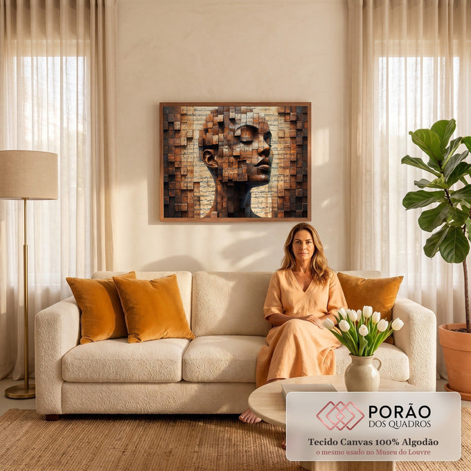 Rosto feminino de olhos fechados em blocos 3D enferrujados sobre partitura musical, quadro decorativo