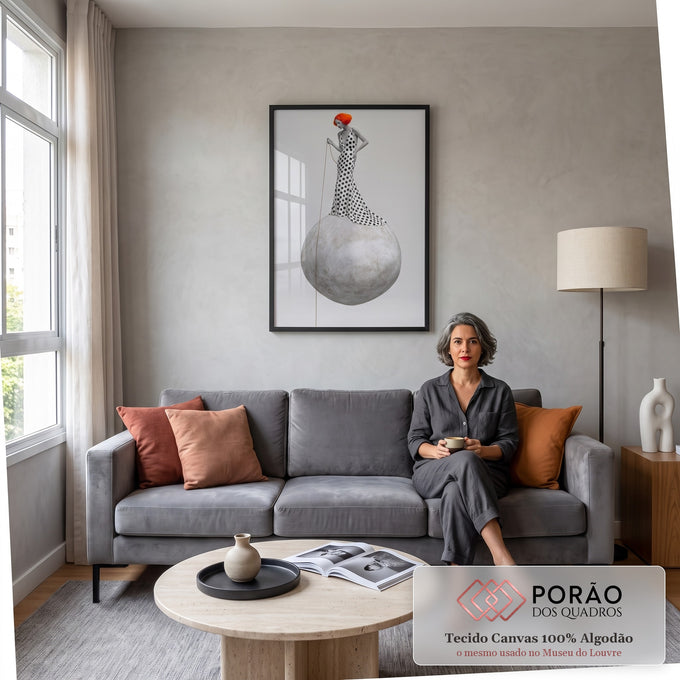Mulher de cabelo laranja e vestido de bolinhas sobre esfera cinza segurando fio, quadro decorativo