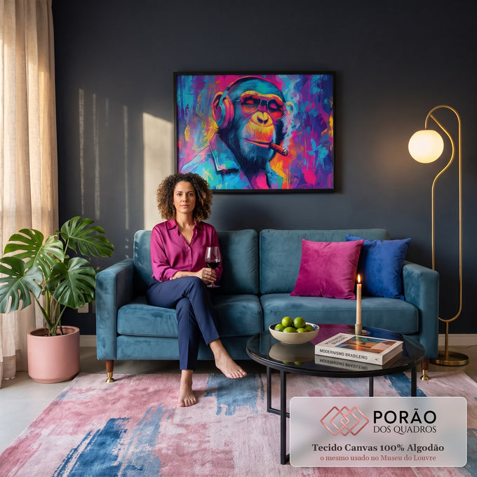 Quadro Decorativo Grande Macaco Hipster para Sala Rosa | quadros decorativos para sala de estar | macaco com óculos escuros, fones coloridos e charuto em estilo pop art neon | em ambiente 3 | Porao dos Quadros