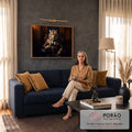 Quadro Decorativo Grande Tigre de Terno para Escritório | quadros decorativos para sala de estar | tigre antropomórfico de terno marrom sentado em cadeira de madeira entalhada | em ambiente 3 | Porao dos Quadros