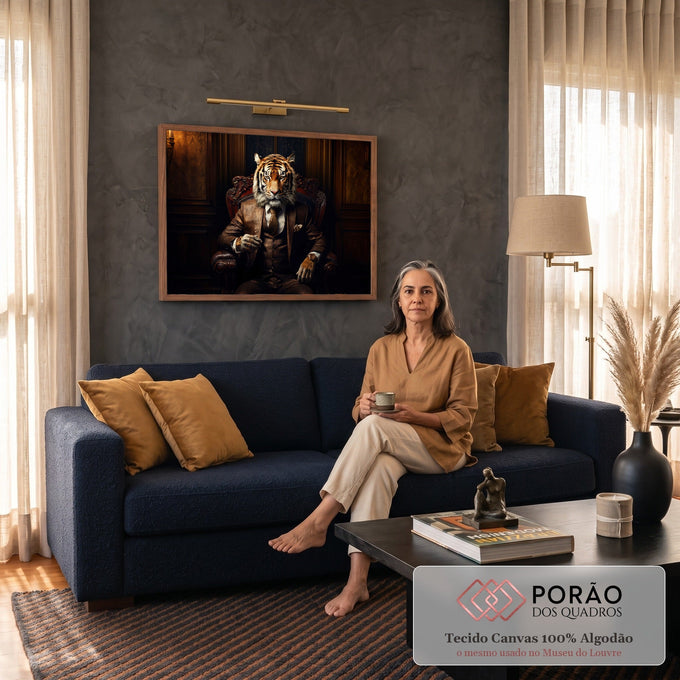 Quadro Decorativo Grande Tigre de Terno para Escritório | quadros decorativos para sala de estar | tigre antropomórfico de terno marrom sentado em cadeira de madeira entalhada | em ambiente 3 | Porao dos Quadros