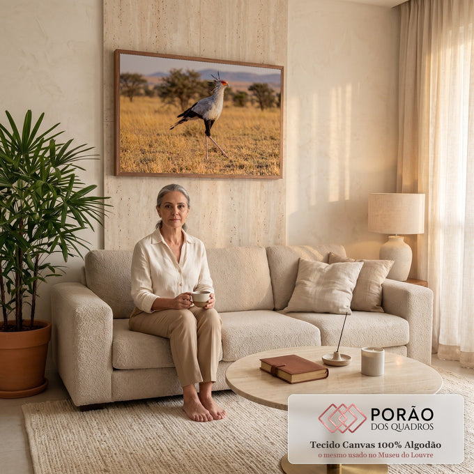 Ave secretária caminhando no capim dourado da savana africana com acácias ao fundo, quadro decorativo