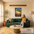 Bandeira do Brasil tremulando sobre o Congresso Nacional em Brasília ao pôr do sol dourado, quadro decorativo
