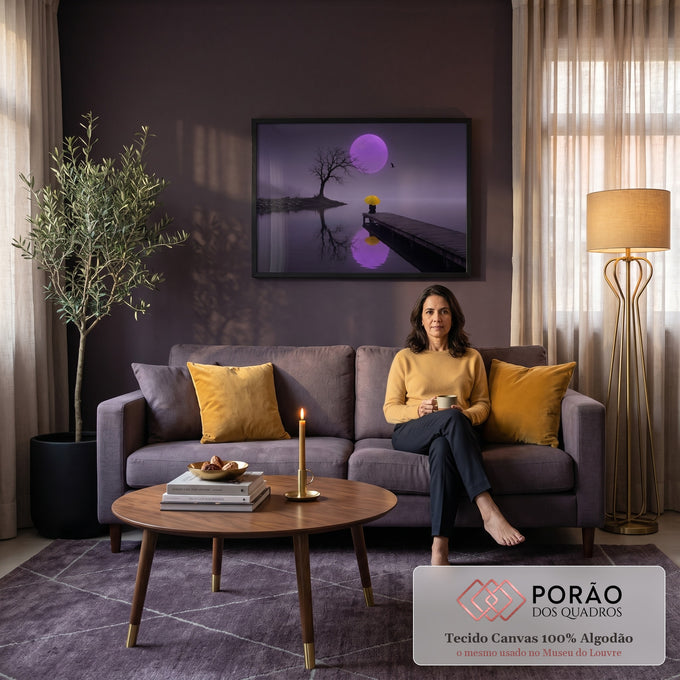 Quadro Decorativo Grande Lua Roxa para Sala Roxo | quadros decorativos para sala de estar | pessoa com guarda-chuva amarelo no píer sob lua roxa gigante | em ambiente 3 | Porao dos Quadros