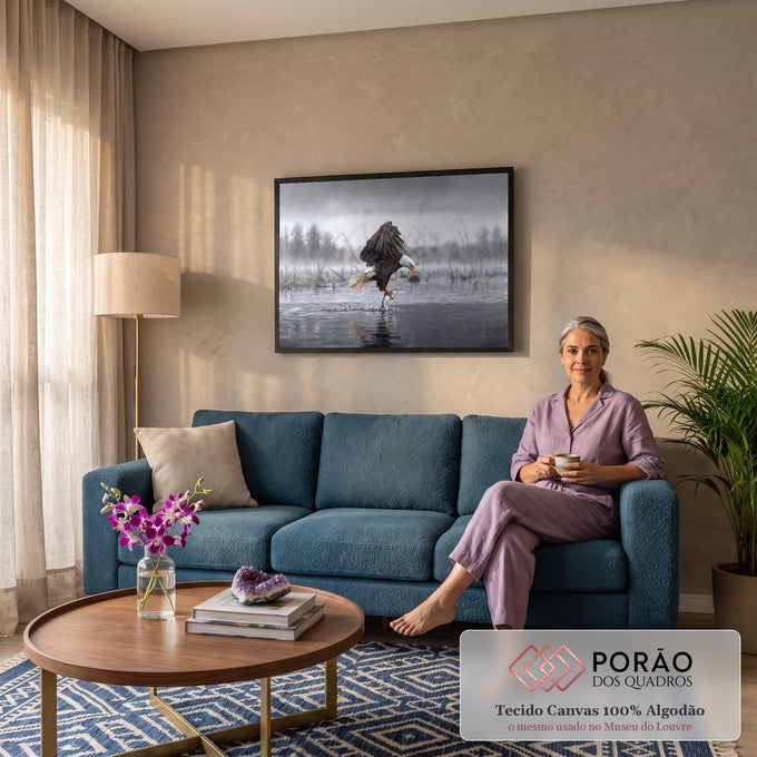 Quadro Decorativo Grande Águia Pescando para Sala Cinza | quadros decorativos para sala de estar | águia-de-cabeça-branca capturando peixe na água com asas abertas em cena nublada | em ambiente 3 | Porao dos Quadros
