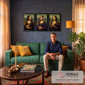 Quadro Decorativo Kit 3 Telas Mona Lisa para Sala Marrom | quadros decorativos para sala de estar | três Mona Lisas com taça de espumante, fone de ouvido e sorvete de pistache | em ambiente 3 | Porao dos Quadros