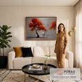 Árvore de folhas vermelhas e laranja com cavalo branco sobre fundo cinza em relevo, quadro decorativo
