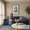 Mona Lisa pintada em aquarela azul com tinta escorrida sobre fundo branco, quadro decorativo