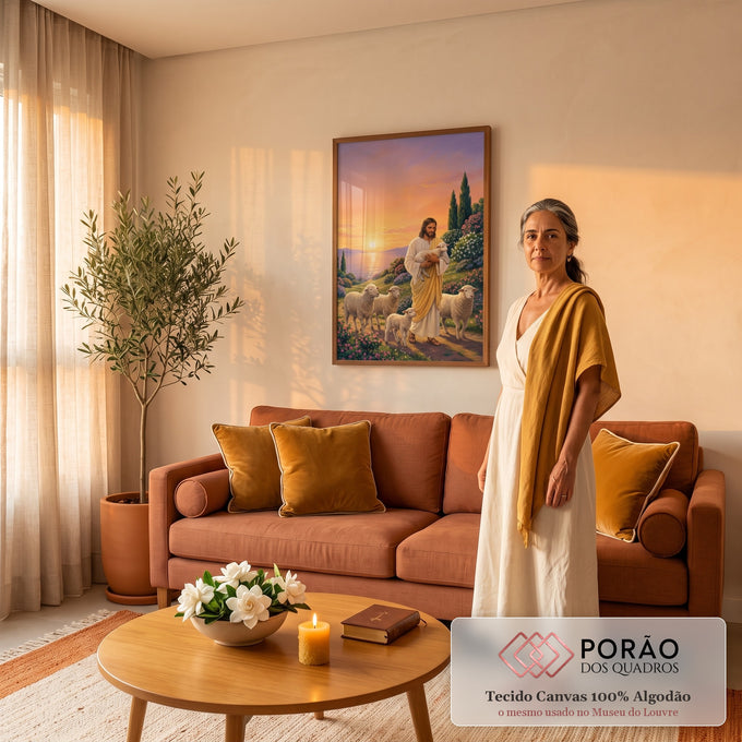Quadro Decorativo Grande Jesus Pastor para Sala Laranja | quadros decorativos para sala de estar | Jesus carregando um cordeiro cercado de ovelhas num campo florido ao pôr do sol | em ambiente 3 | Porao dos Quadros