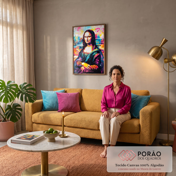 Mona Lisa pintada em grafite neon rosa, azul e amarelo com respingos de tinta, quadro decorativo