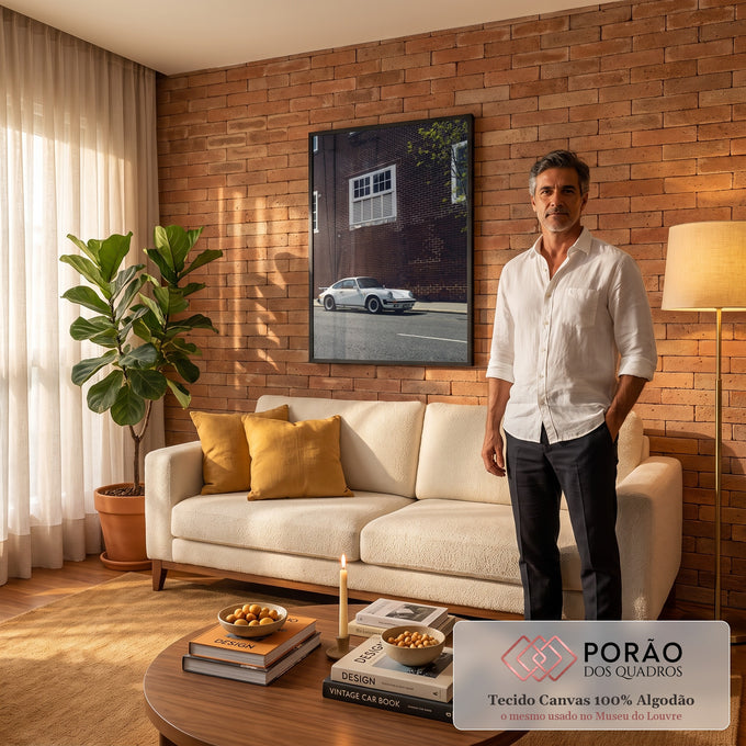 Quadro Decorativo Grande Carro Clássico Branco para Sala | quadros decorativos para sala de estar | carro esportivo branco clássico estacionado em rua com parede de tijolos ao fundo | em ambiente 3 | Porao dos Quadros